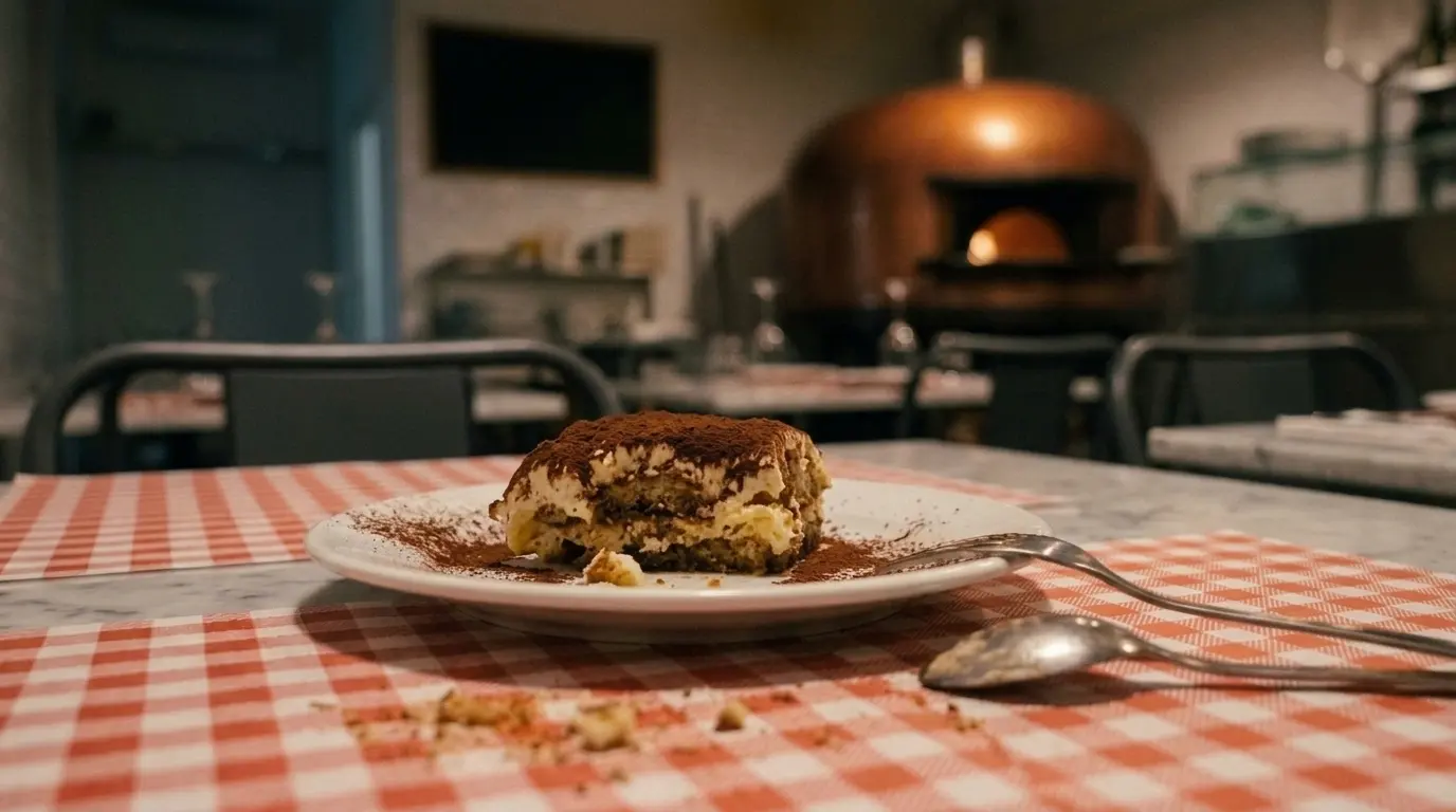 Una fetta di tiramisù al tavolo, con il forno acceso sullo sfondo