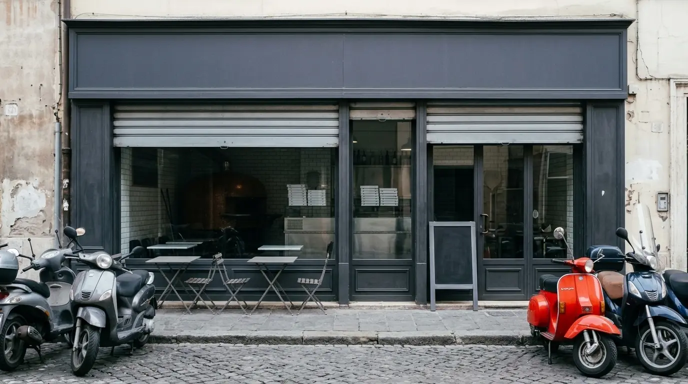 La facciata della pizzeria su Via Fanfulla da Lodi, con il forno visibile dalla vetrina
