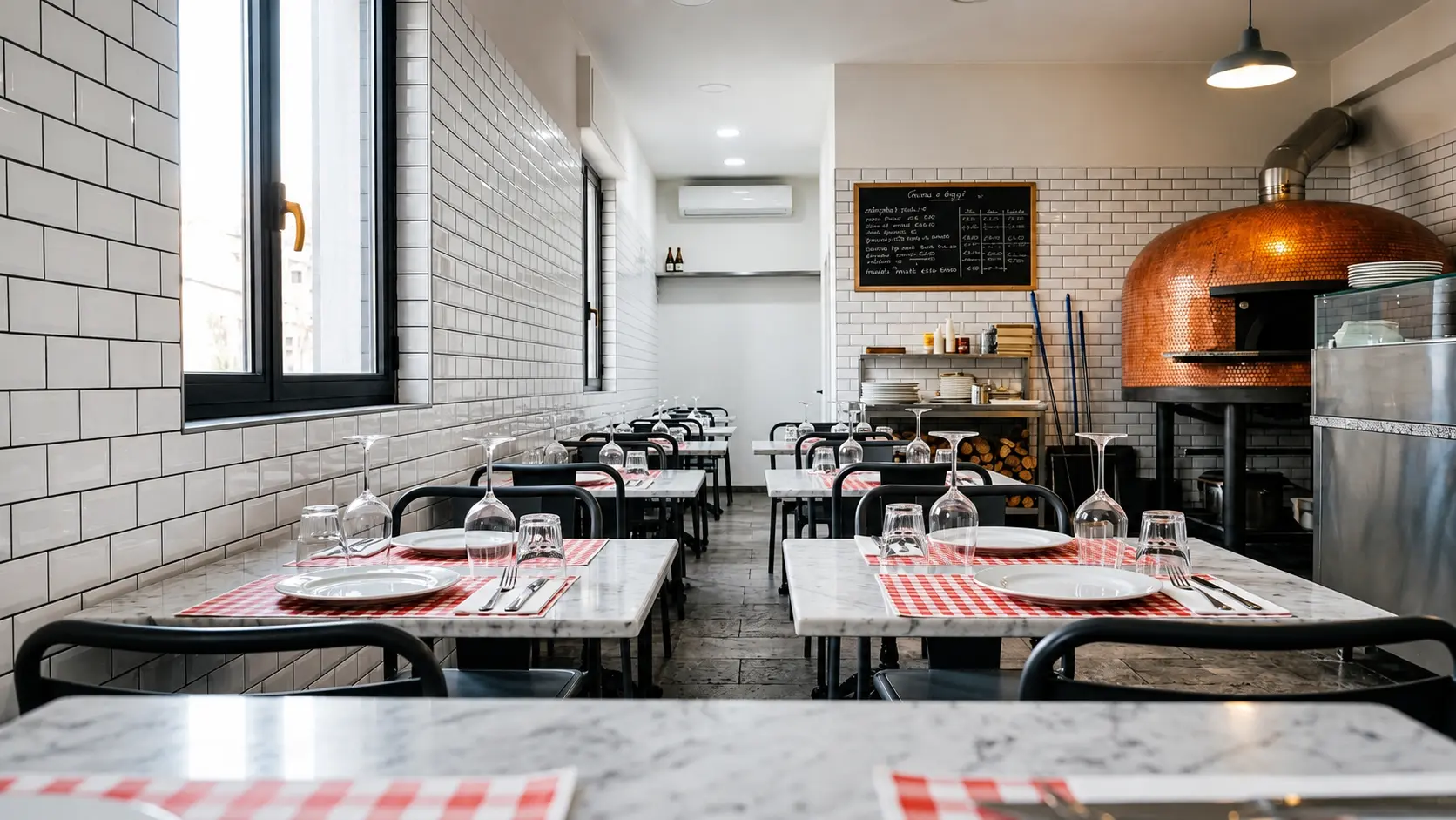 La sala della pizzeria con il forno a legna in fondo