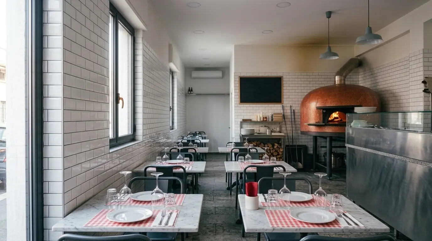 La sala apparecchiata prima dell’apertura, con il forno in fondo