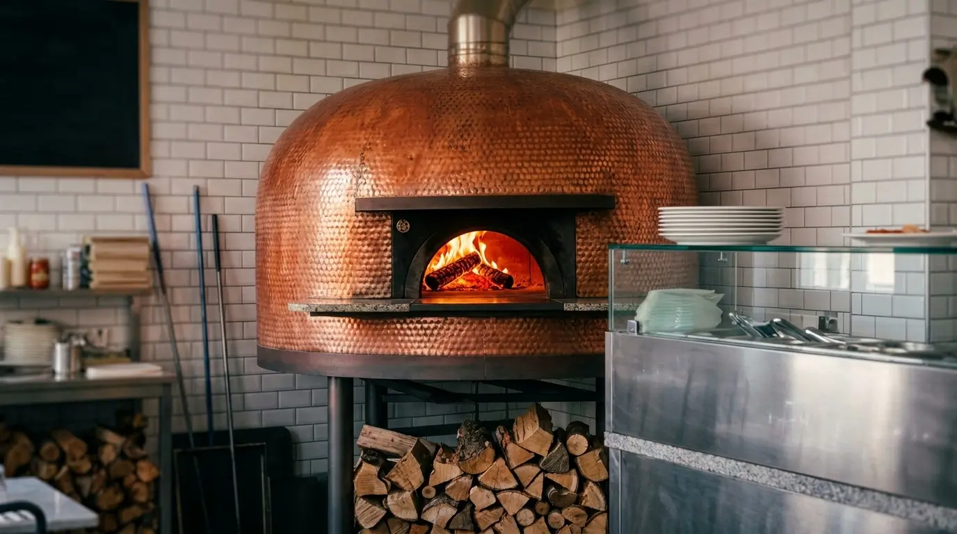 Il forno a legna acceso con una pizza sulla pala