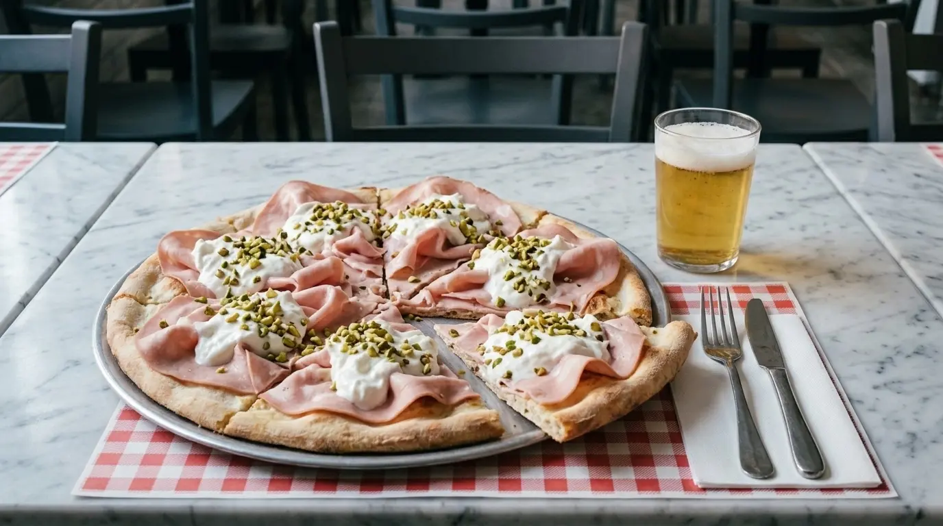 Pizza bianca con mortadella, stracciatella e pistacchio