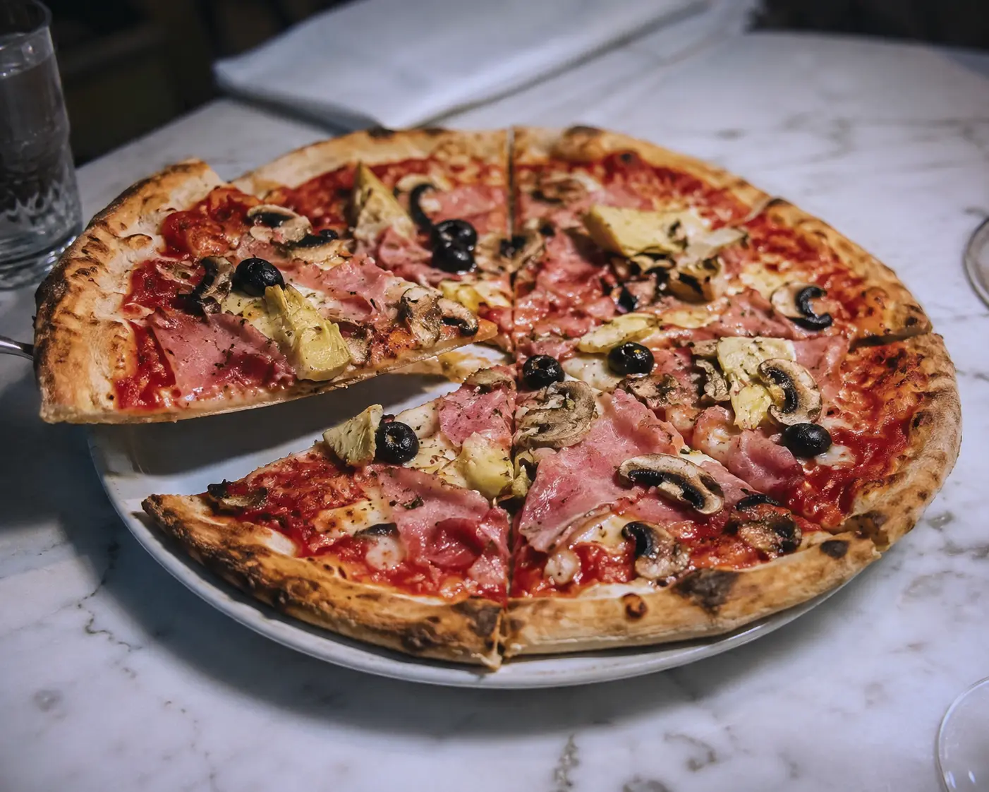 Pizza capricciosa con carciofi, olive e prosciutto