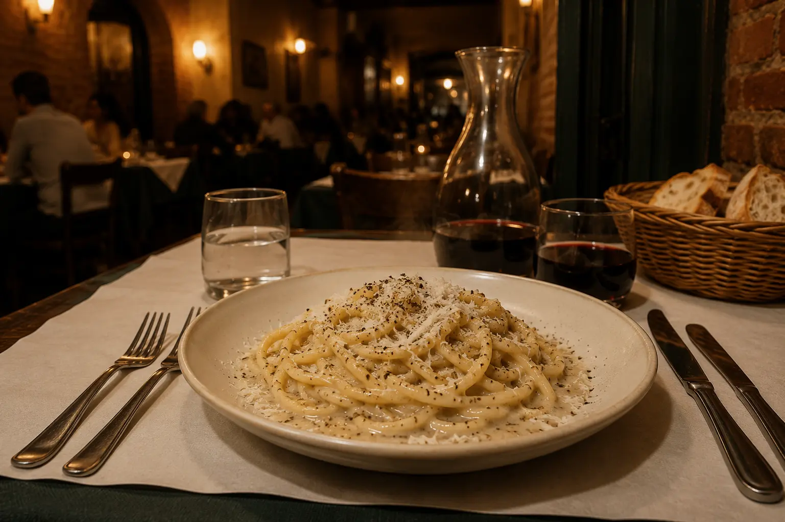 Tonnarelli cacio e pepe con pecorino e pepe nero, serviti al tavolo