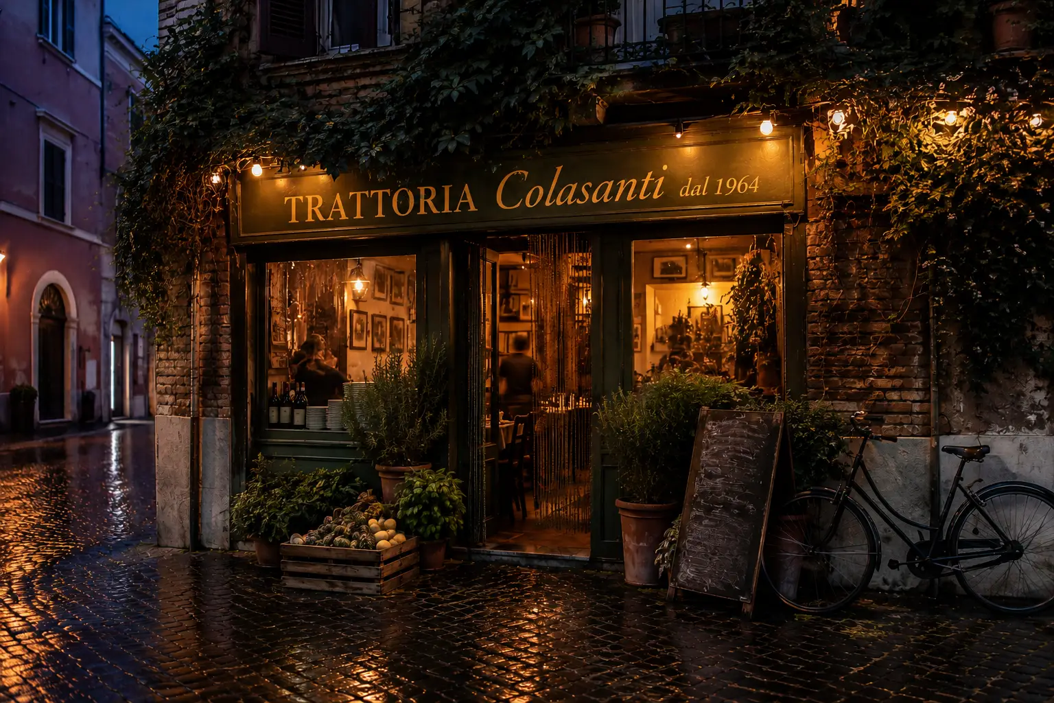 L’ingresso della trattoria su Via Albalonga al crepuscolo