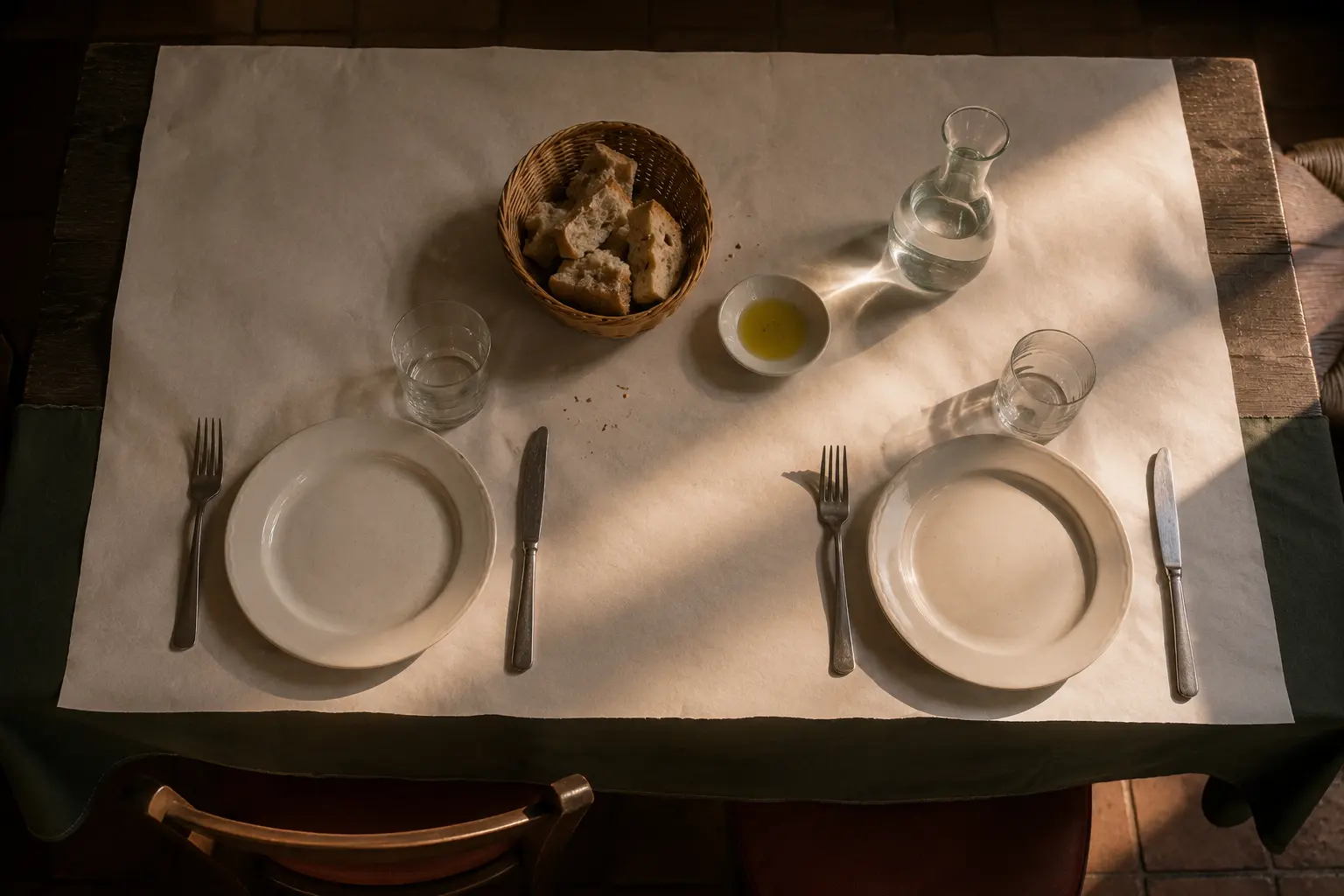 Tavolo apparecchiato dall’alto con cestino del pane, olio e caraffa d’acqua