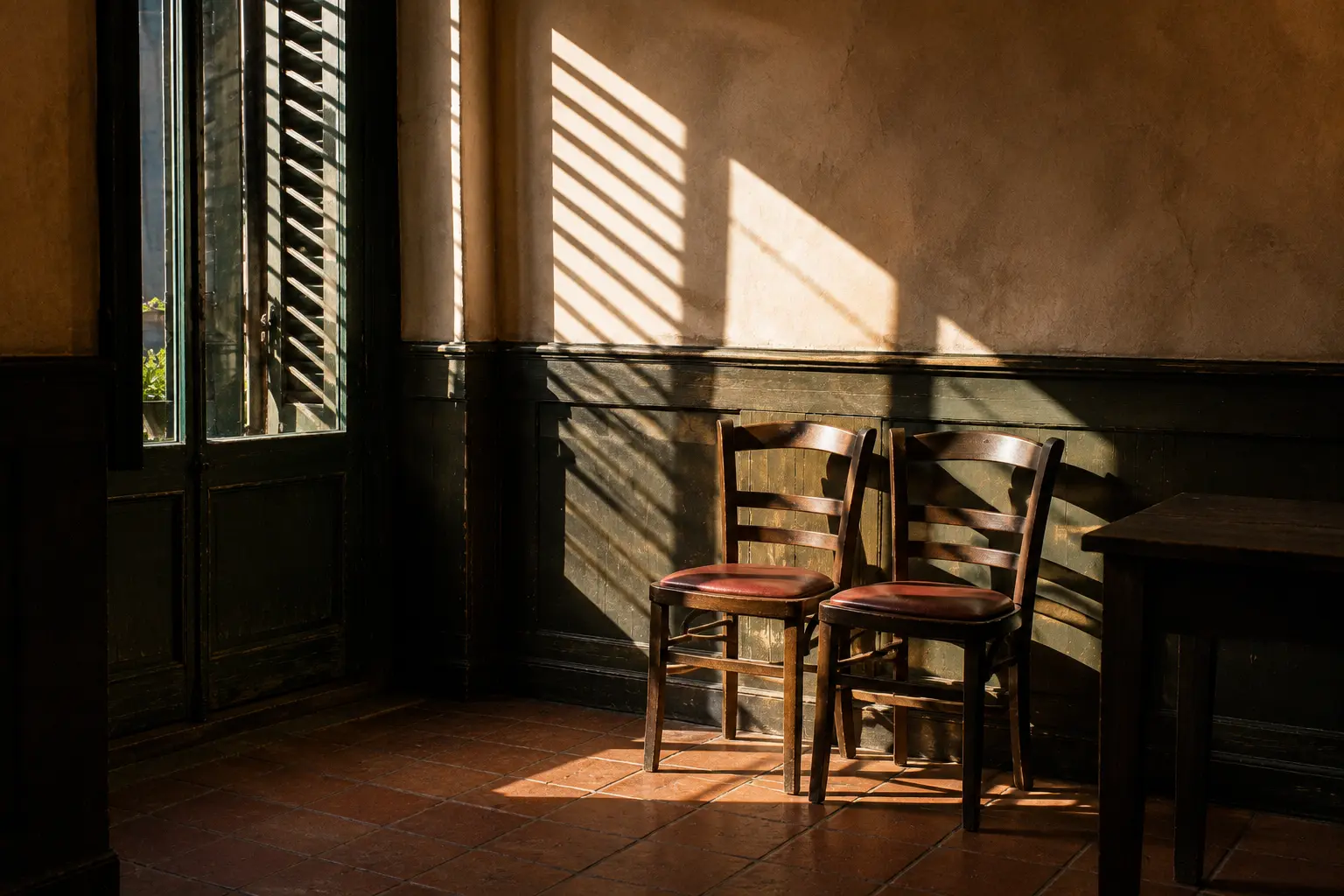 Sedie di legno e luce delle persiane sul pavimento in cotto della sala