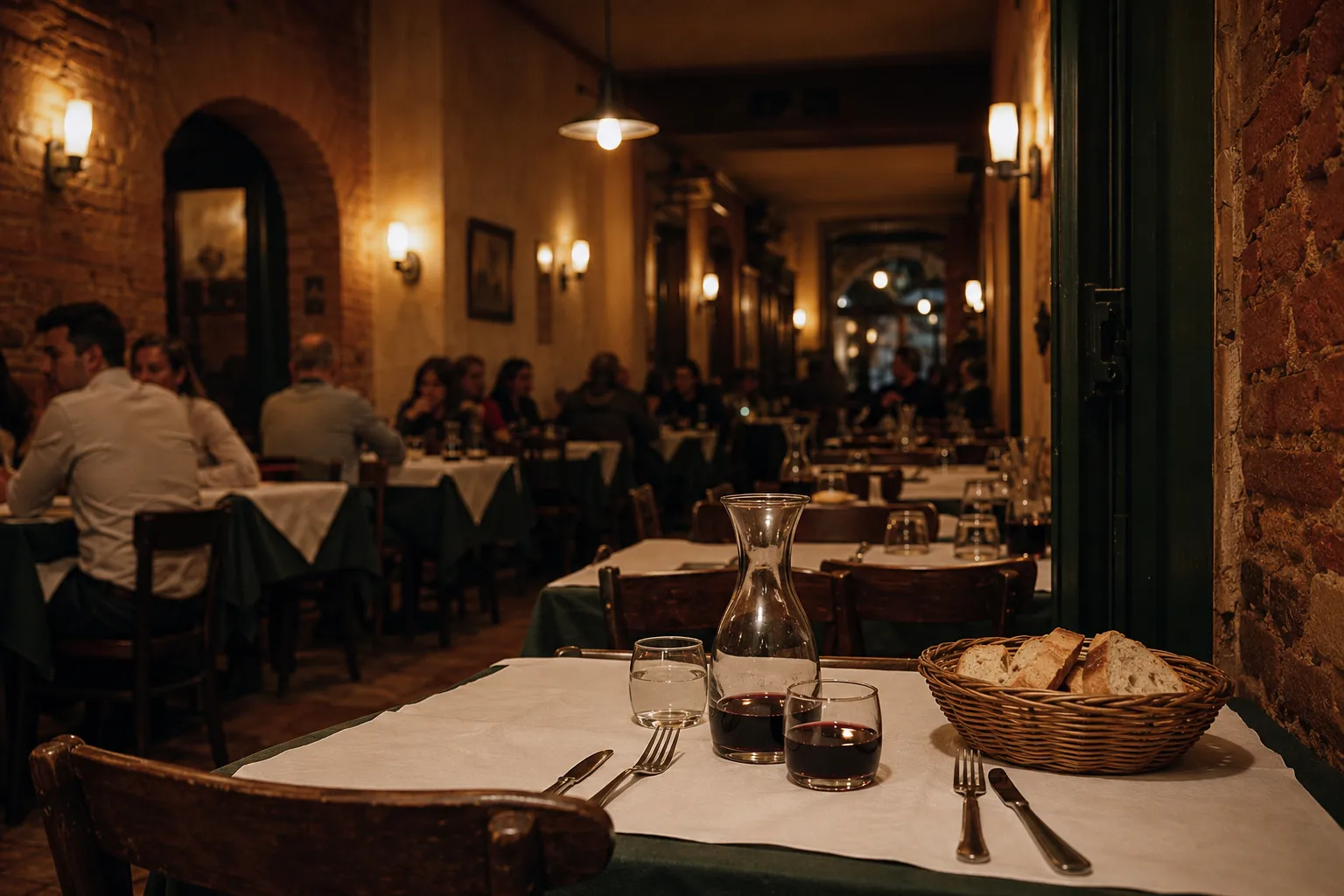 La sala della Trattoria Colasanti a cena, tavoli apparecchiati e luce calda